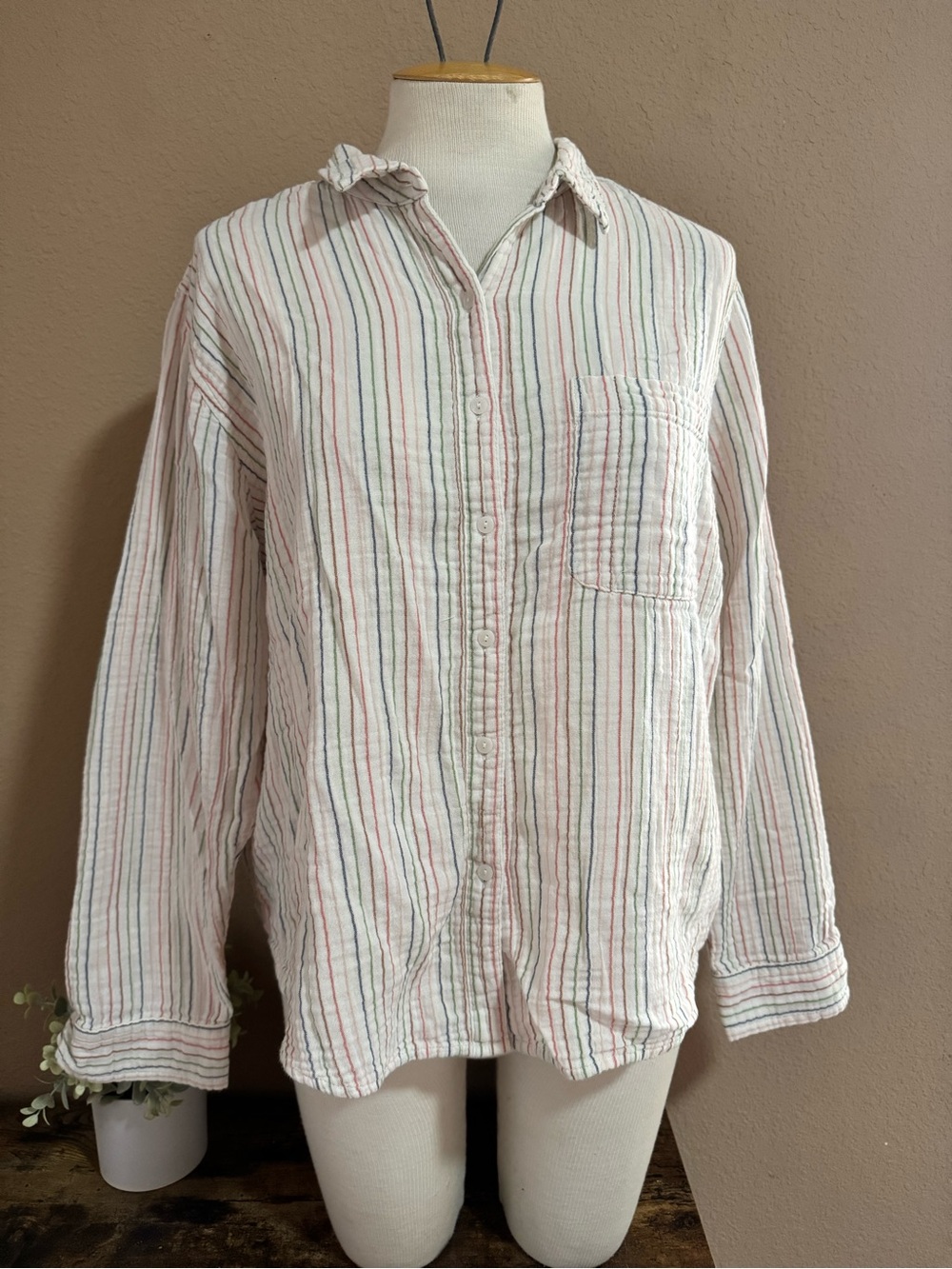Universal Thread White Button-Down Shirt with Red and Green Stripes